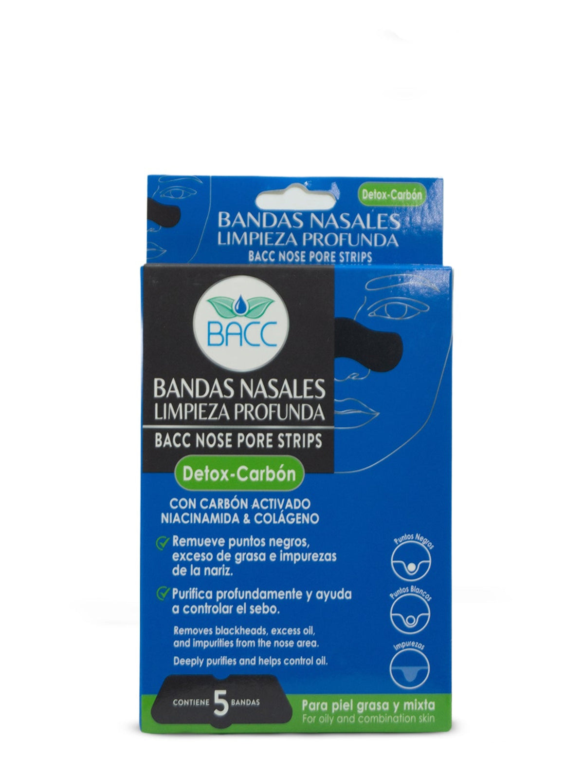 BACC bandas nasales detox carbón limpieza profunda, poros tapados x 5 und