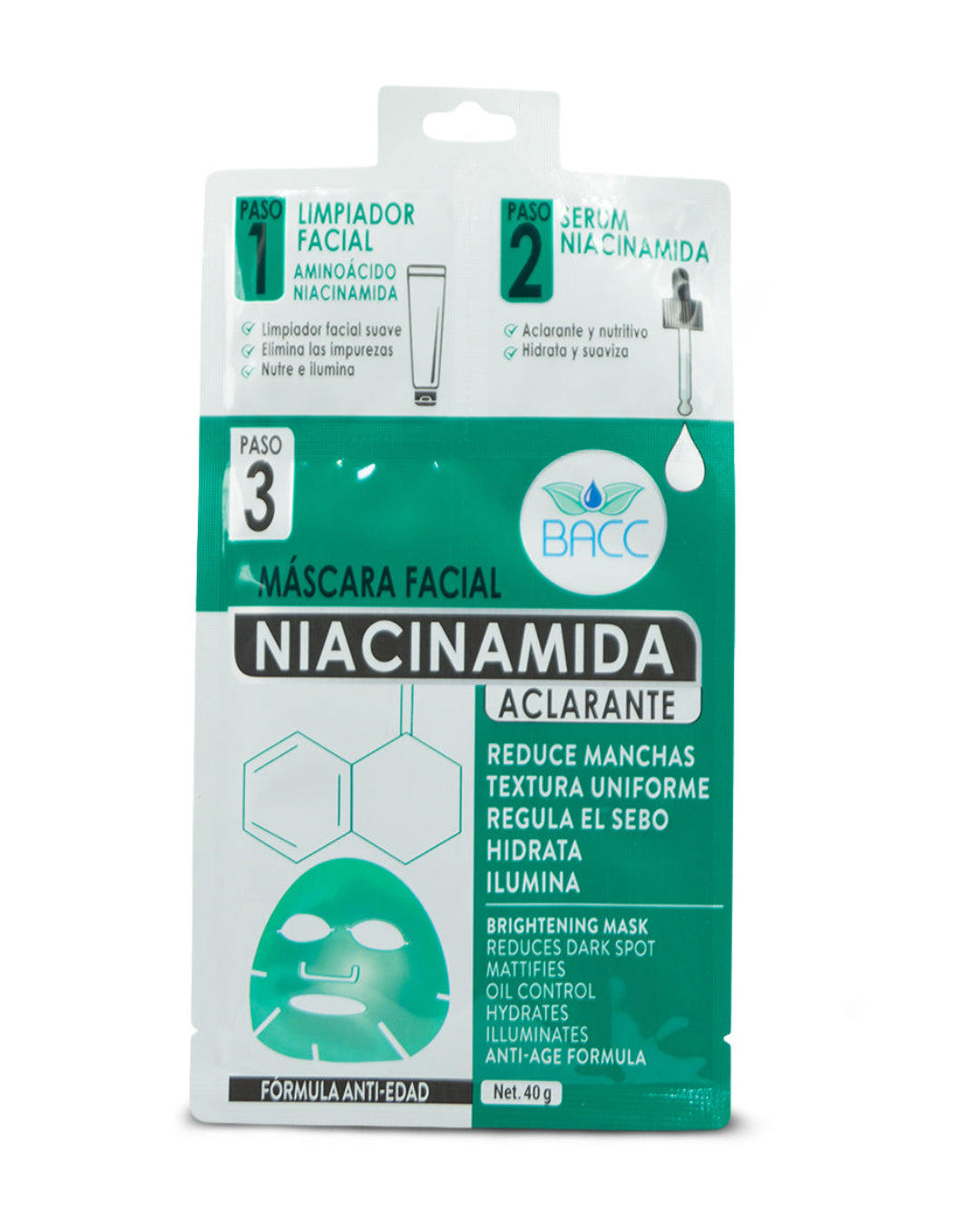 BACC máscara aclarante niacinamida 3 pasos x 1 und 40g