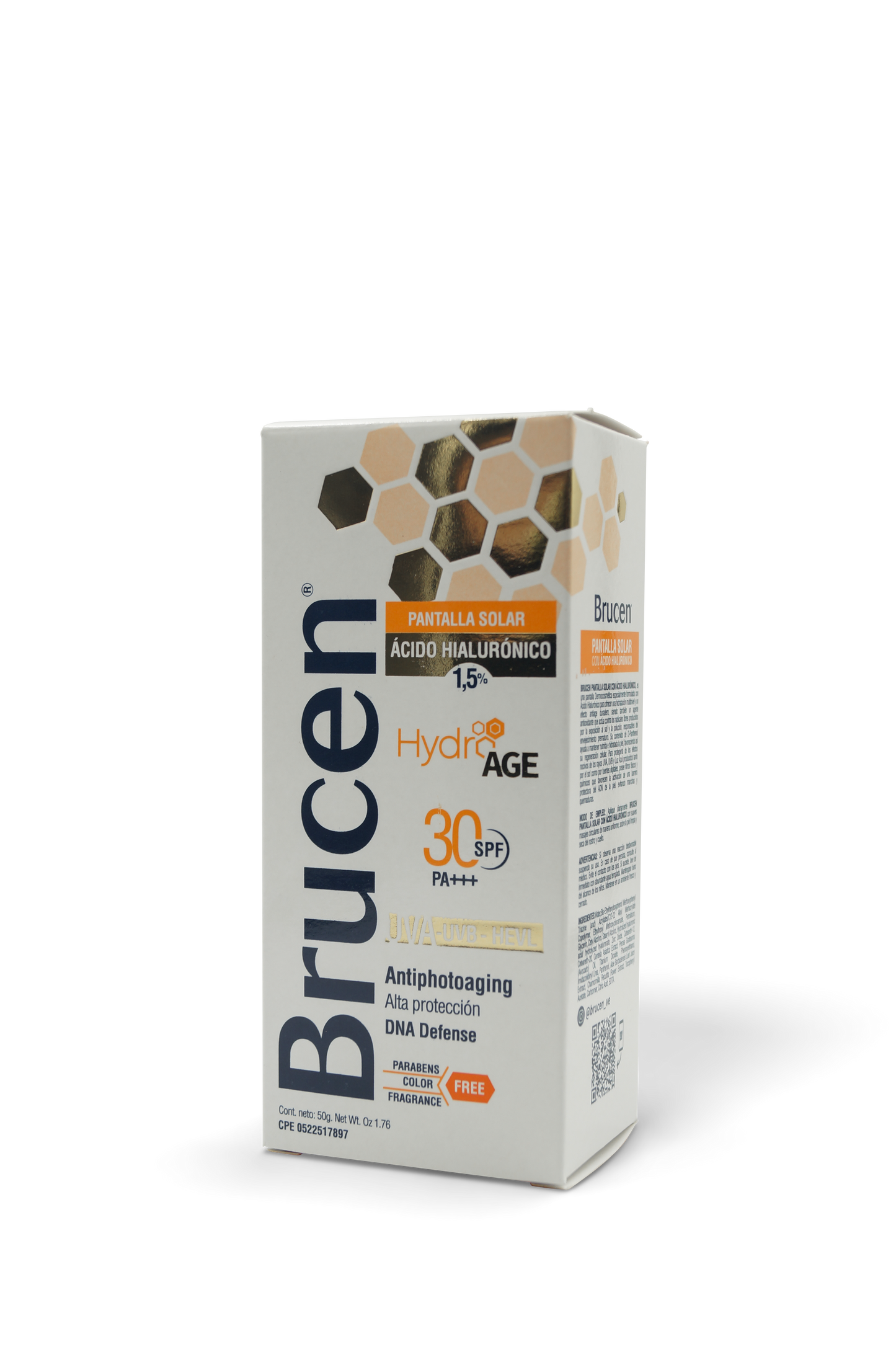 Hydro age pantalla solar crema FPS 30 ácido hialurónico 1.5% 50g. Brucen