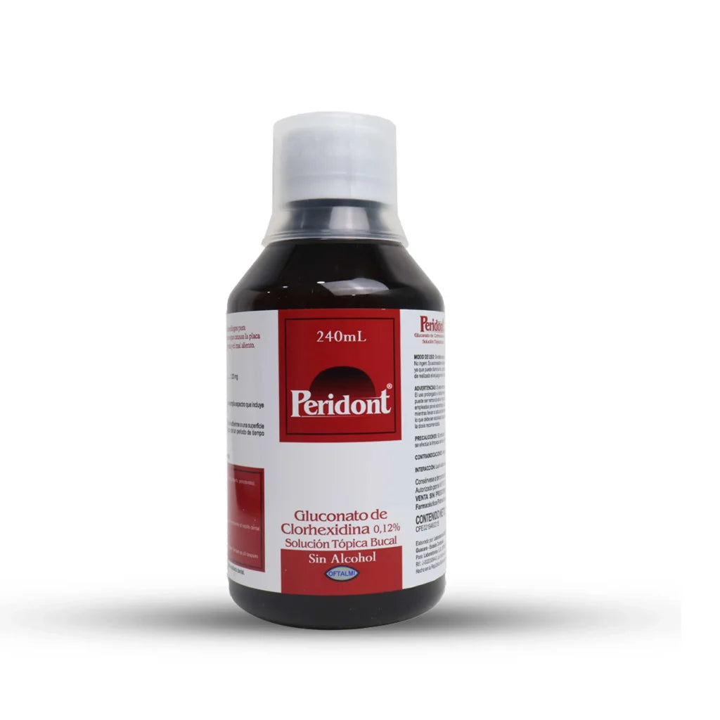 Peridont clorhexidina 0.12% solución tópica bucal 240mL. Oftalmi