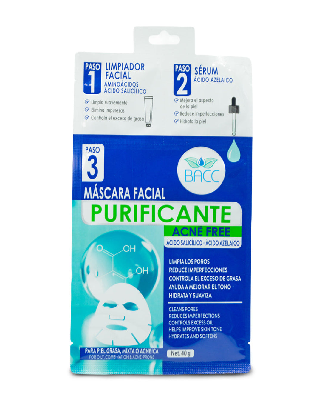 BACC máscara purificante acné free 3 pasos x 1 und 40g